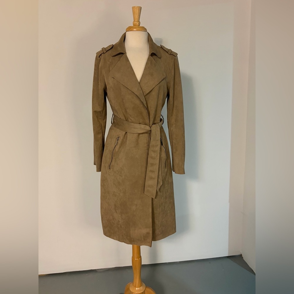 Tahari Tan Brown Faux Suede Belted Long Trench
